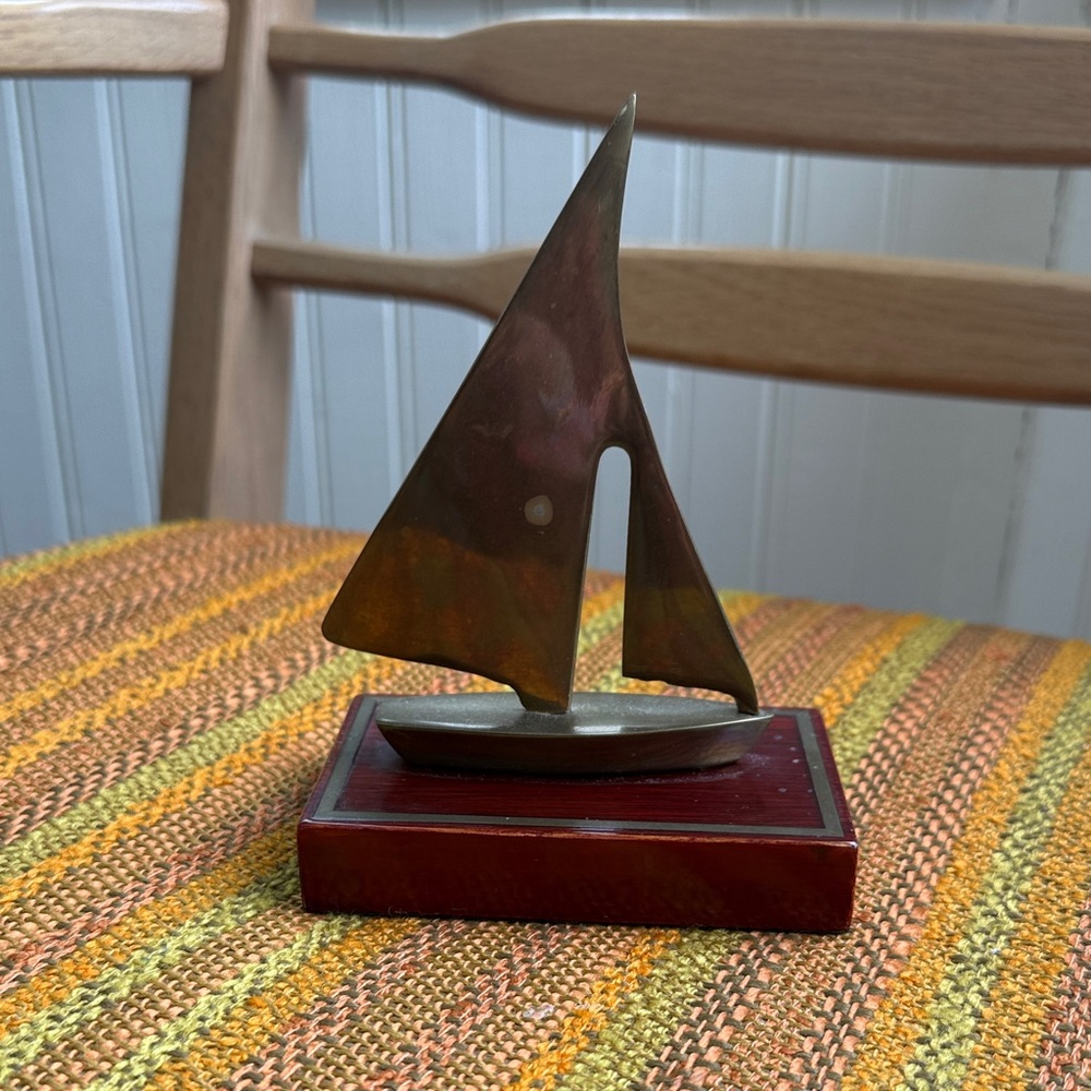 Artistic Brass Sailboat Sculpture on Mahogany Base